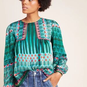 Johnny Was XS Lahira Green Blouse with Puff Sleeves and Bib Collar